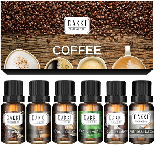 Six 10ml coffee fragrance oils in amber glass bottles for diffusers