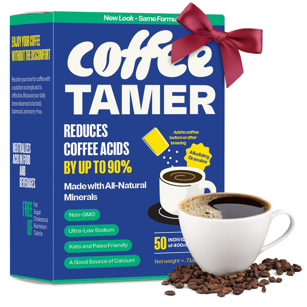 Coffee Tamer acid reducer packets box shows smooth low-acid coffee option