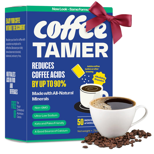 Coffee Tamer acid reducer packets box shows smooth low-acid coffee option