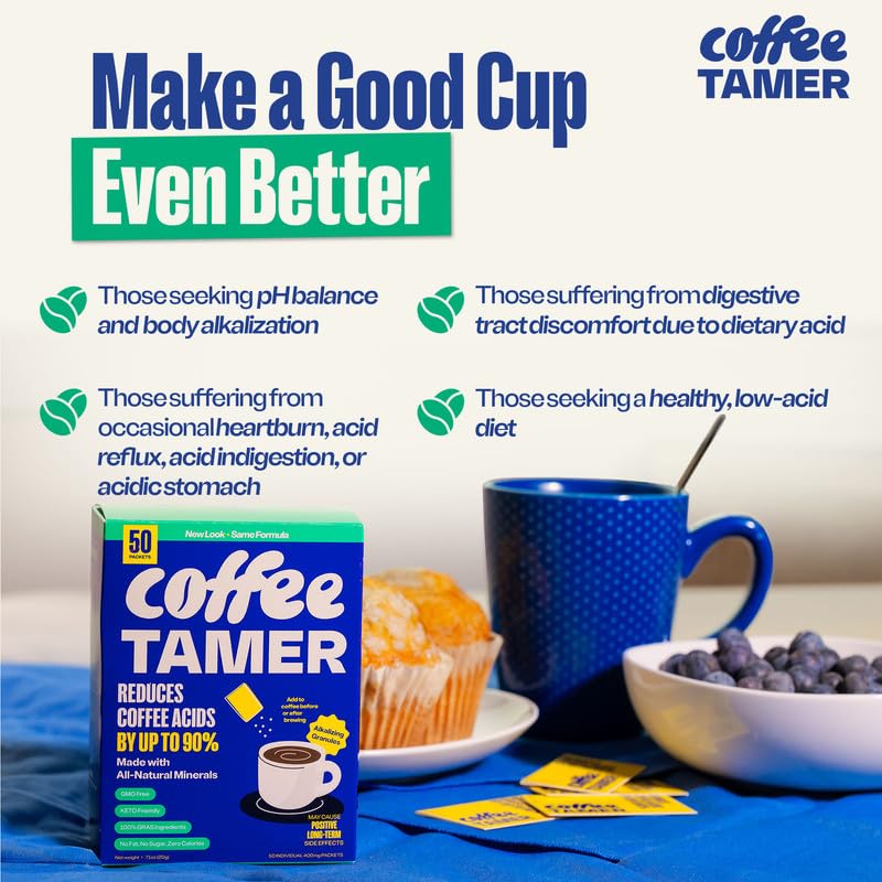 Coffee Tamer packets dispense image for quick acidity reduction on the go