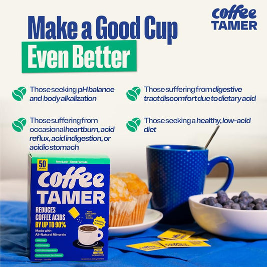 Coffee Tamer packets dispense image for quick acidity reduction on the go