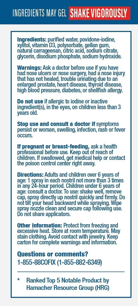 CofixRX Nasal Cleanse formula label highlighting povidone iodine, xylitol, and vitamin D3 for clean nasal passages