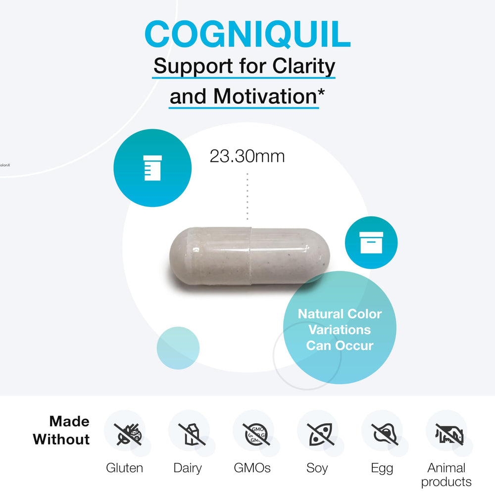 Close-up of Cogniquil capsules inside the bottle