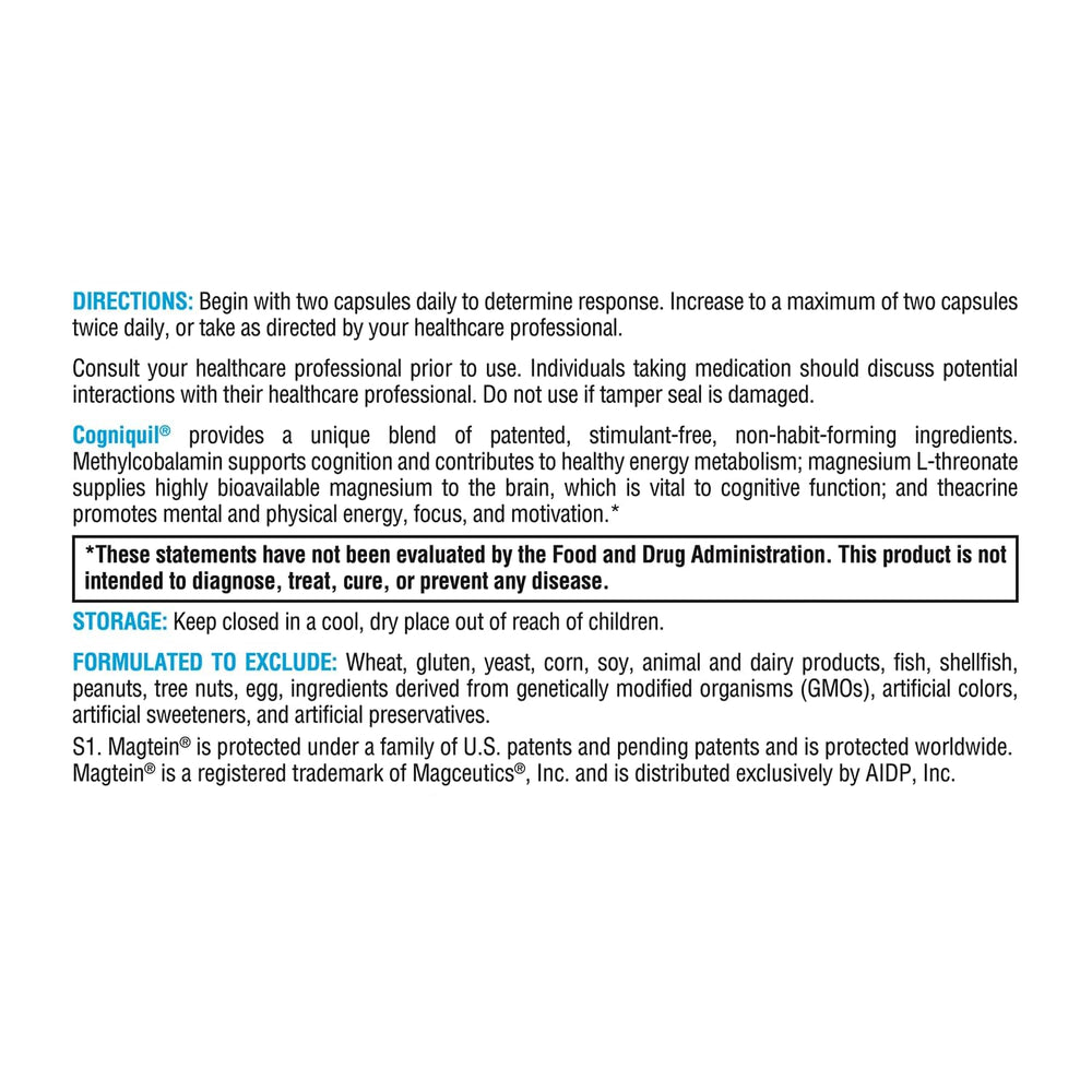 Supplement facts panel on Cogniquil packaging