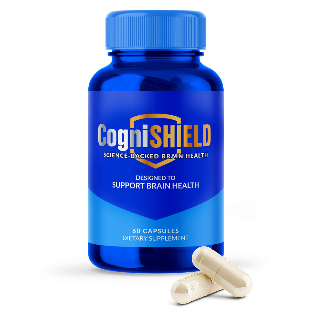 CogniSHIELD brain health supplement bottle on a counter for daily focus support