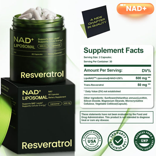 Product box and bottle of Cohbskj NMNH NAD NR Resveratrol liposomal formula