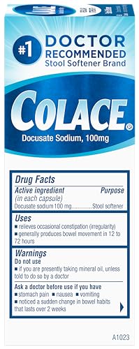 Colace 100mg stool softener capsules for easy, gentle relief.