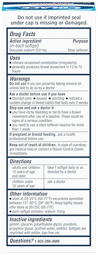 Colace 250mg docusate sodium capsules closeup for gentle, reliable stool softening.