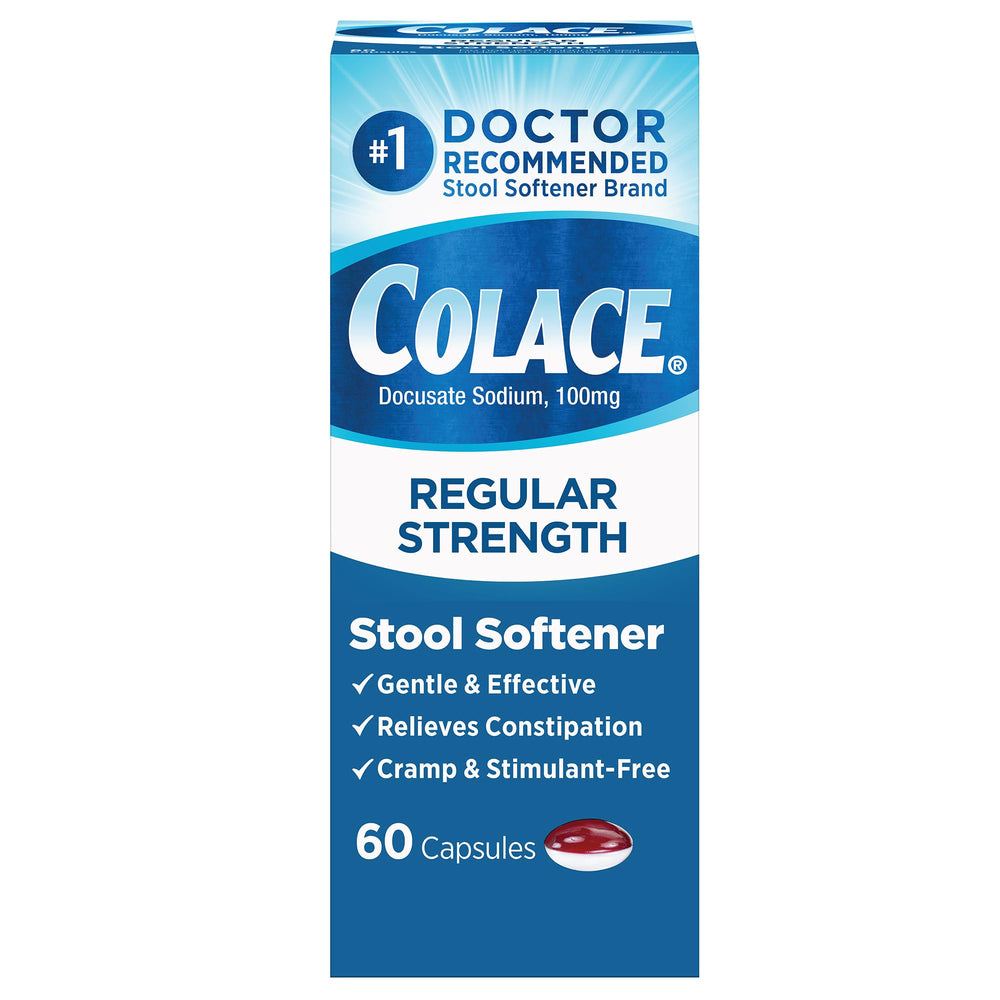 Colace bottle and capsules 60-count for gentle constipation relief.