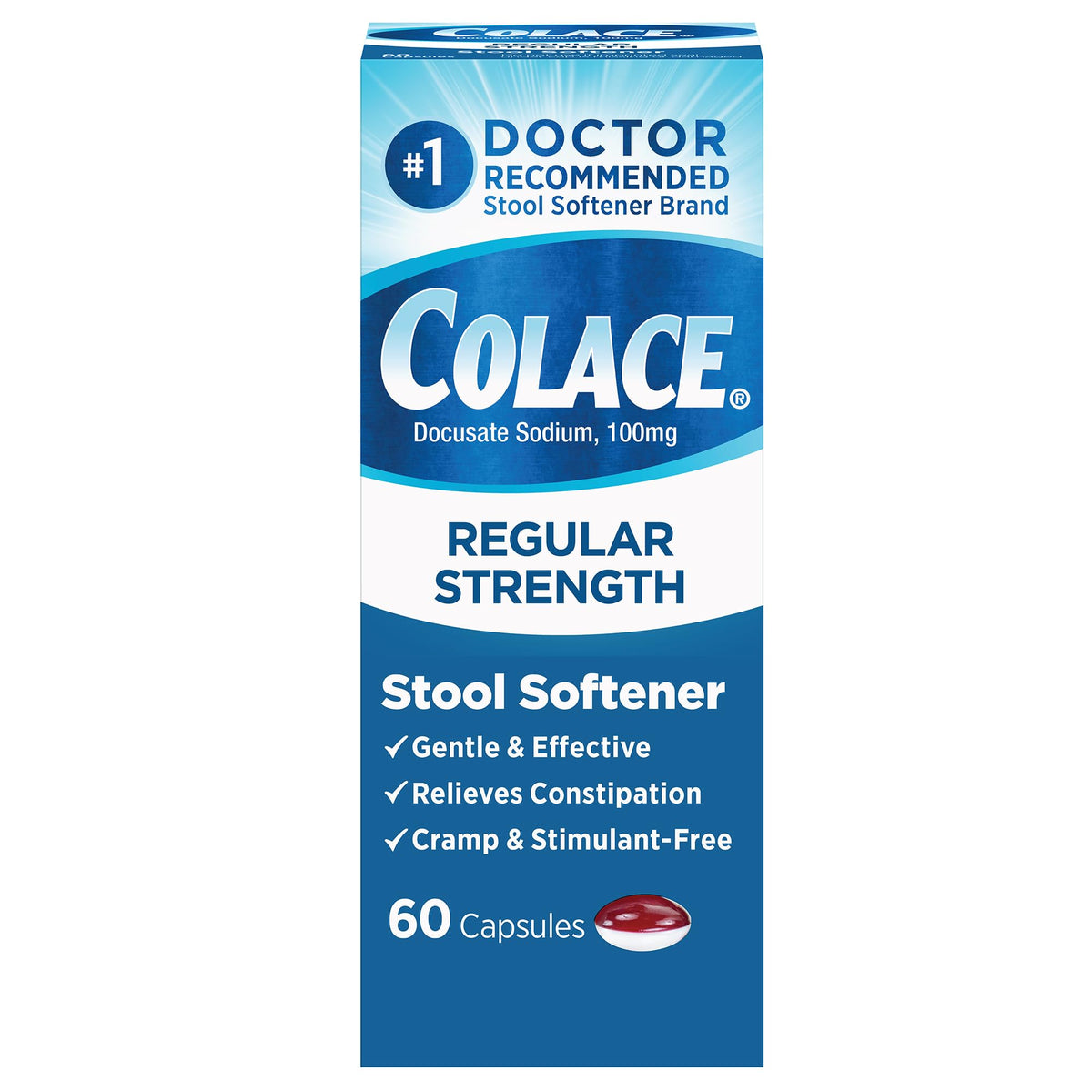 Colace bottle and capsules 60-count for gentle constipation relief.