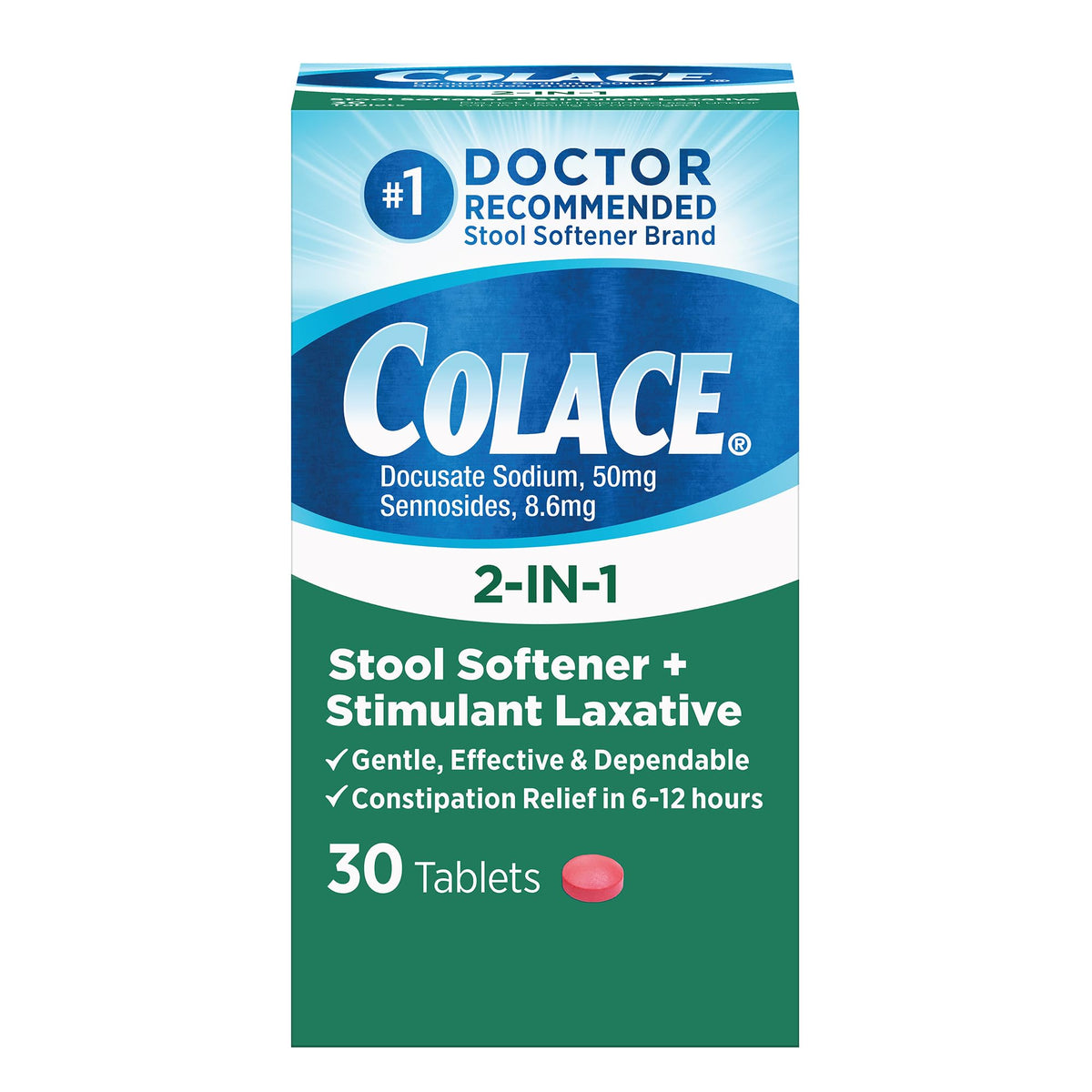 Colace bottle and packaging shown for on-the-go relief.