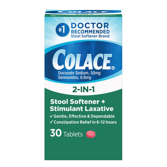 Colace bottle and packaging shown for on-the-go relief.