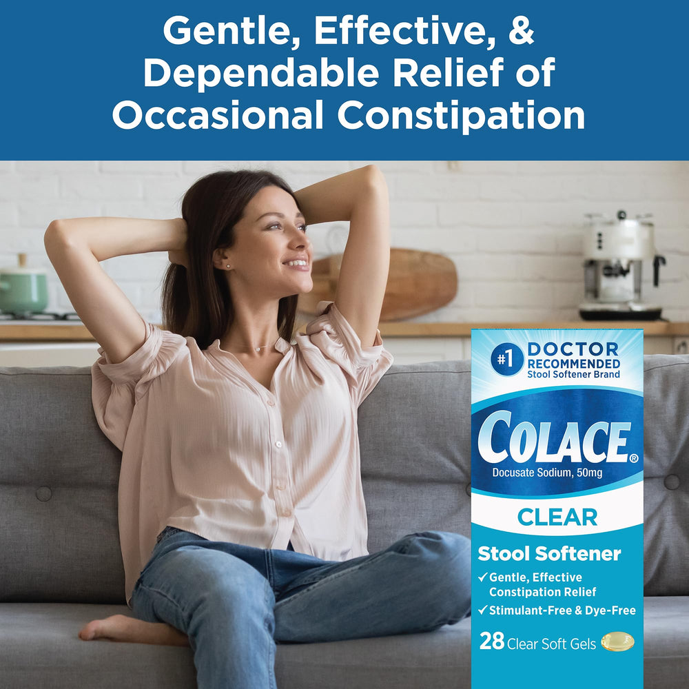 Colace softener bottle on bathroom counter near medication cabinet