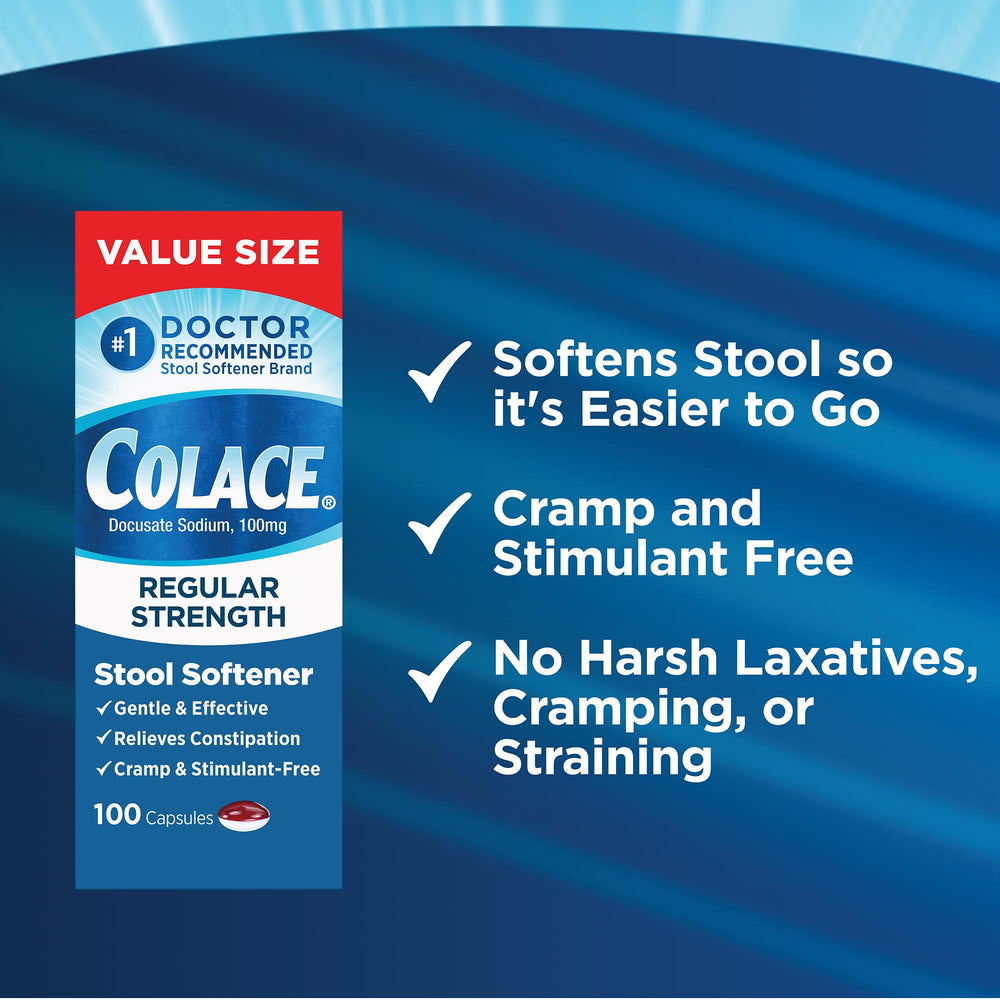 Colace capsules with water illustrate gentle, non-stimulant relief.