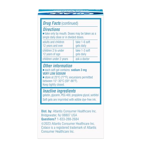 Colace docusate sodium 50mg capsules image highlighting gentle constipation relief