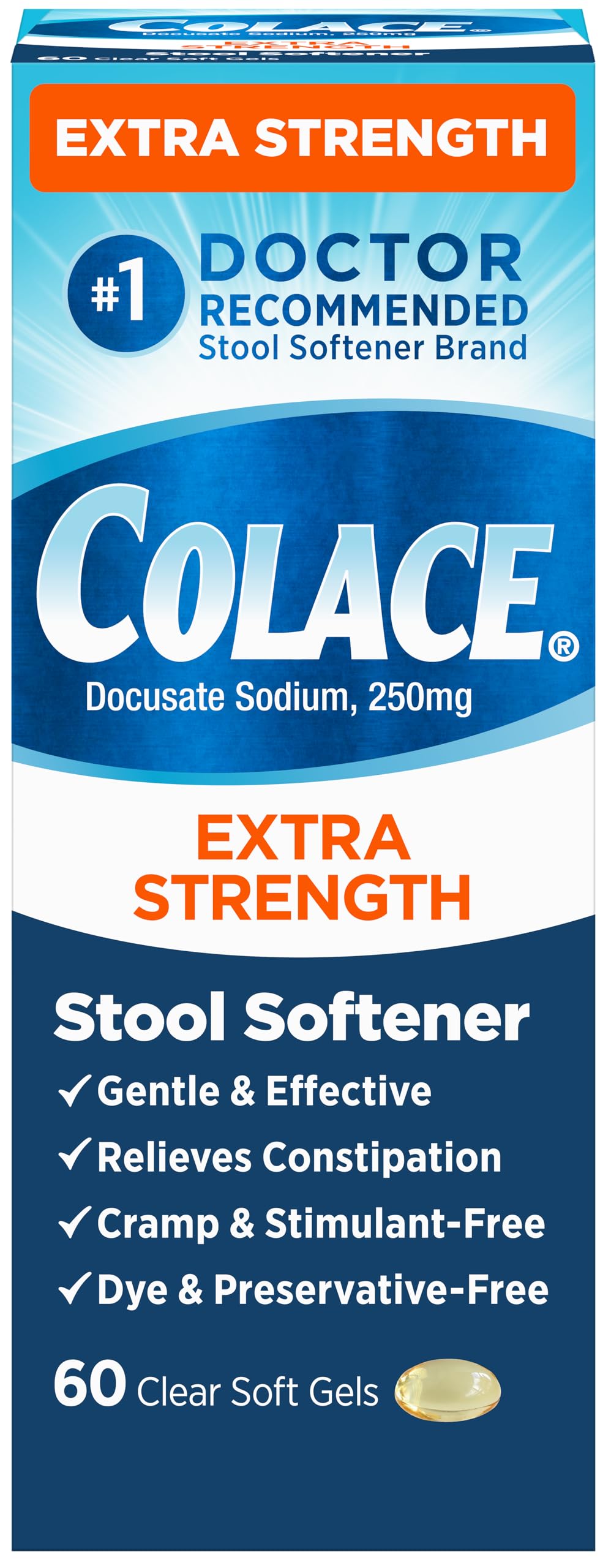 Colace extra-strength stool softener bottle and capsules for gentle relief.