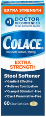 Colace extra-strength stool softener bottle and capsules for gentle relief.