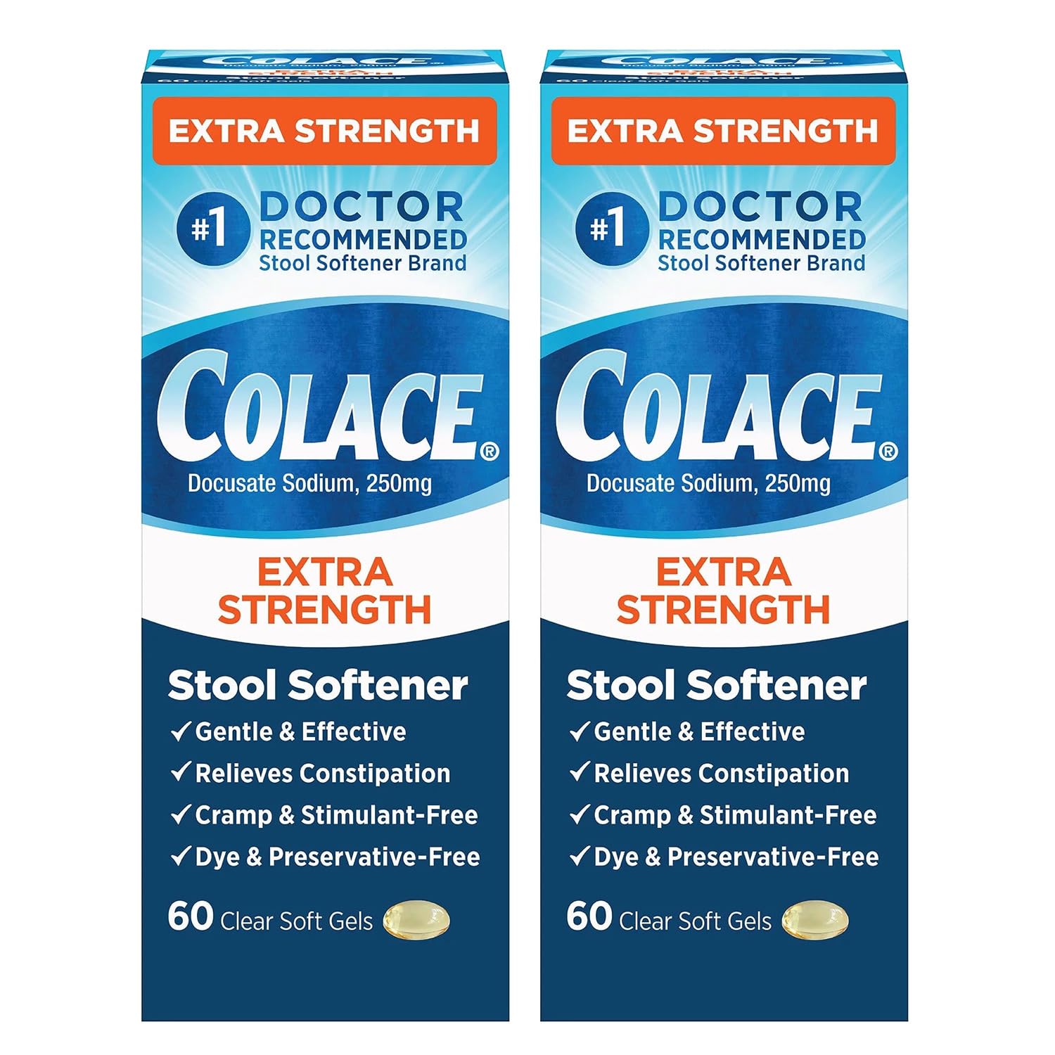 Colace extra-strength stool softener packaging illustrating gentle, dependable relief options.