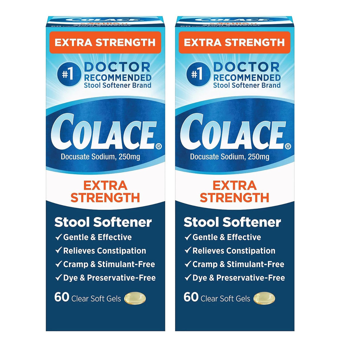 Colace extra-strength stool softener packaging illustrating gentle, dependable relief options.
