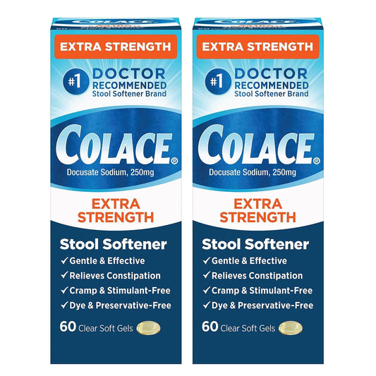 Colace extra-strength stool softener packaging illustrating gentle, dependable relief options.