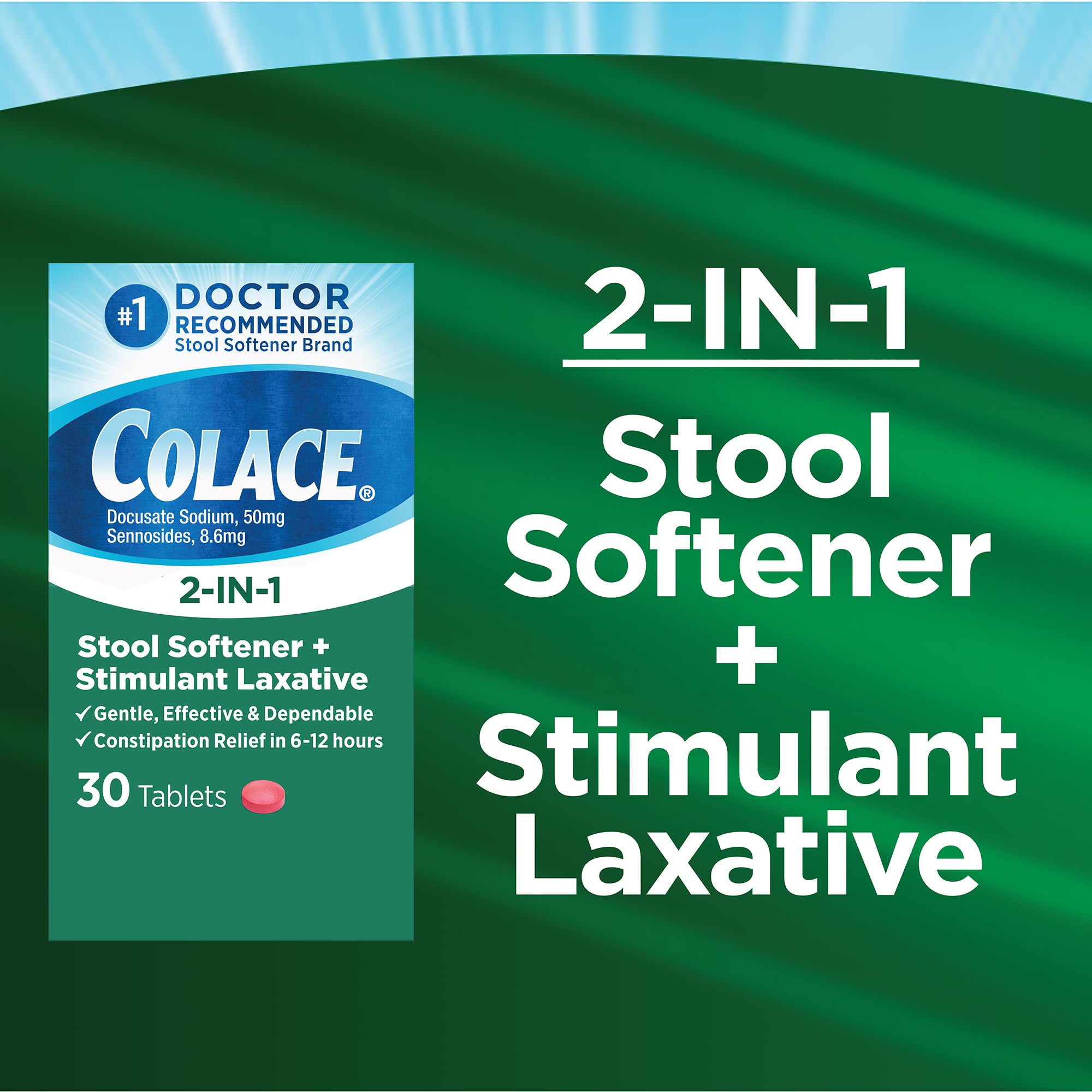 Colace 2-In-1 label close-up showing 30-count packaging.