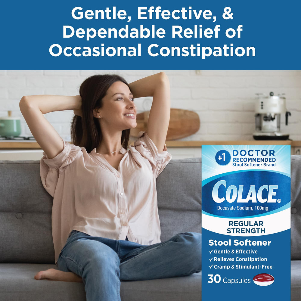Colace Regular Strength bottle on table conveys discreet, convenient constipation support at home
