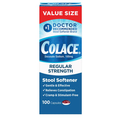 Colace regular-strength bottle offers gentle constipation relief via capsules.