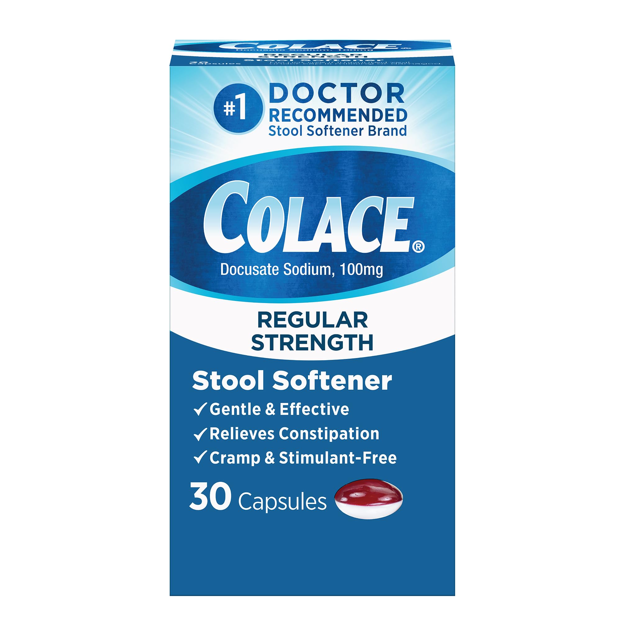Colace Regular Strength capsules bottle shows gentle stool softening for easier bathroom comfort