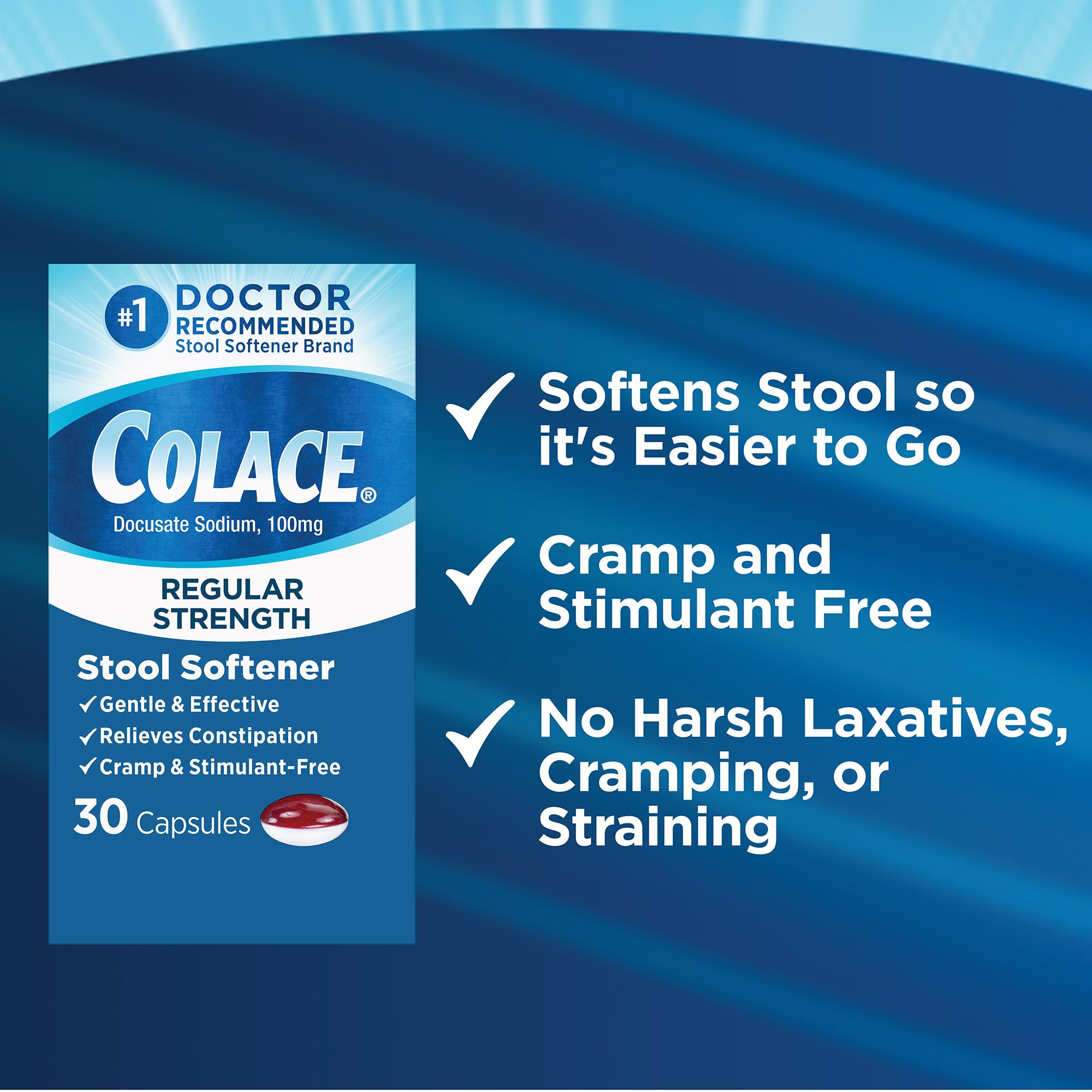 Colace Regular Strength capsules pour demonstrates easy dosing and daily use