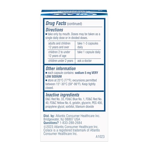 Colace Regular Strength packaging back-label highlights ingredients and usage guidance