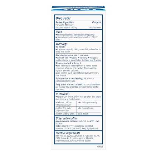 Colace stool softener capsules close-up show docusate sodium action.