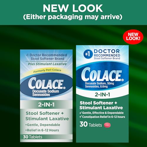 Colace 2-In-1 tablets close-up highlighting dual-action formula.