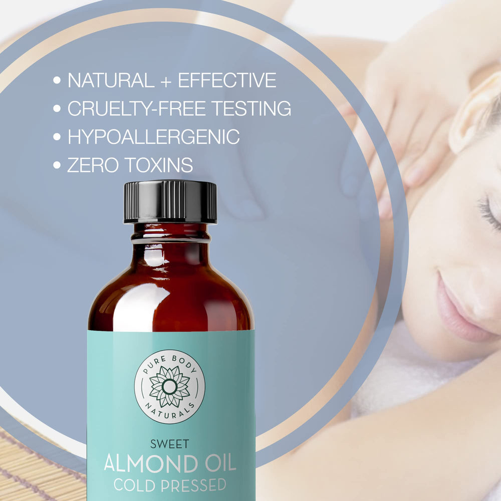 Close-up of cold-pressed 100% pure sweet almond oil