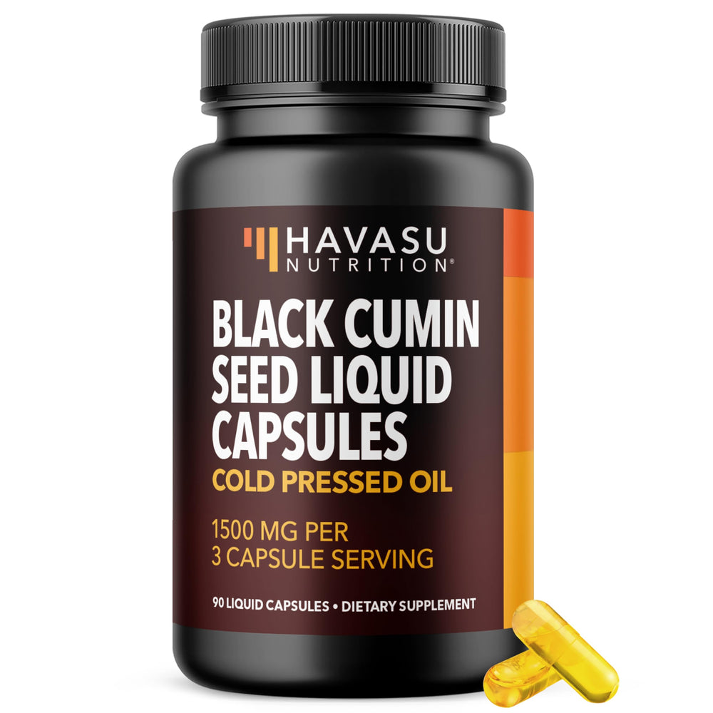 Cold-pressed black seed oil capsules bottle labeled 1500mg