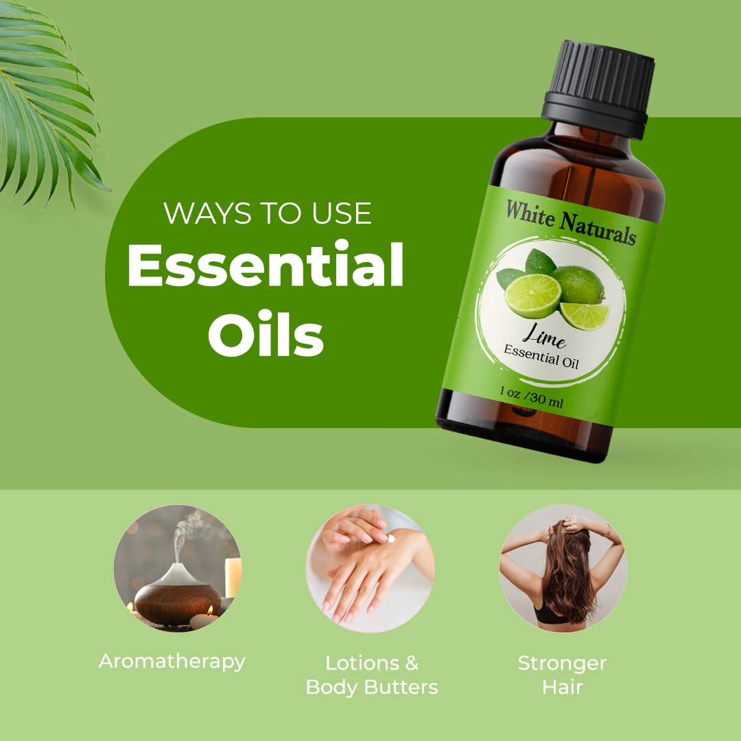 Close-up of amber glass bottle of lime essential oil with dropper