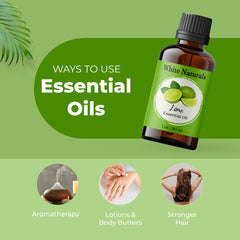 Close-up of amber glass bottle of lime essential oil with dropper