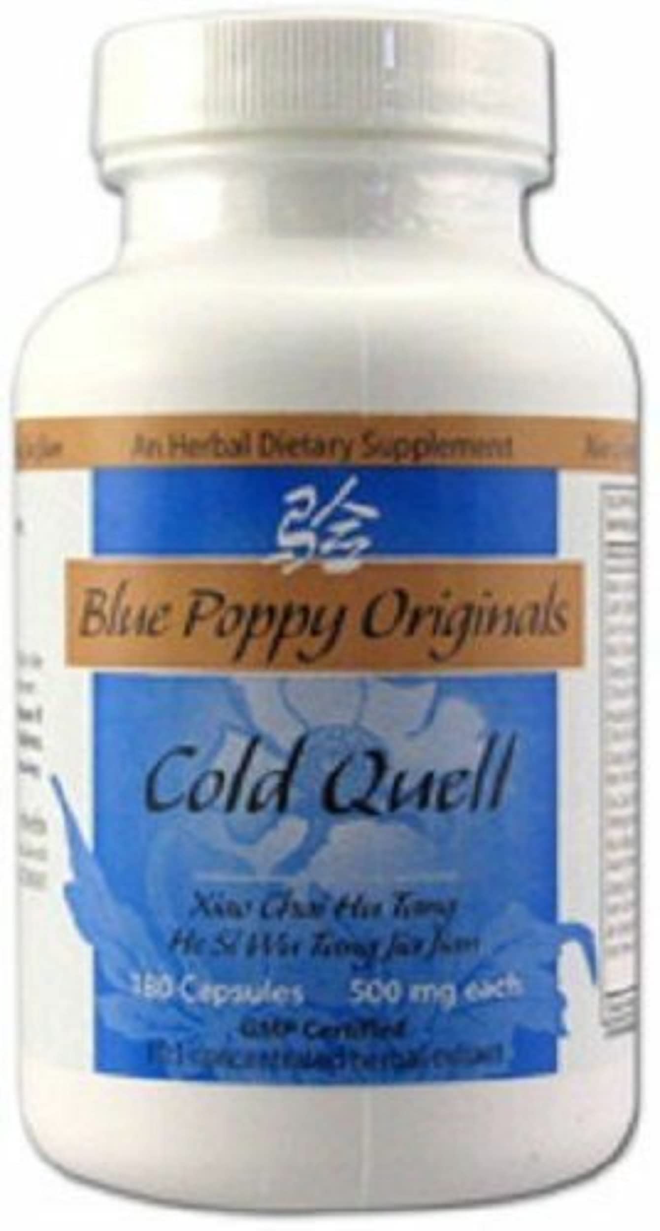 Close-up of ColdQuell 180-capsule bottle packaging (Blue Poppy)