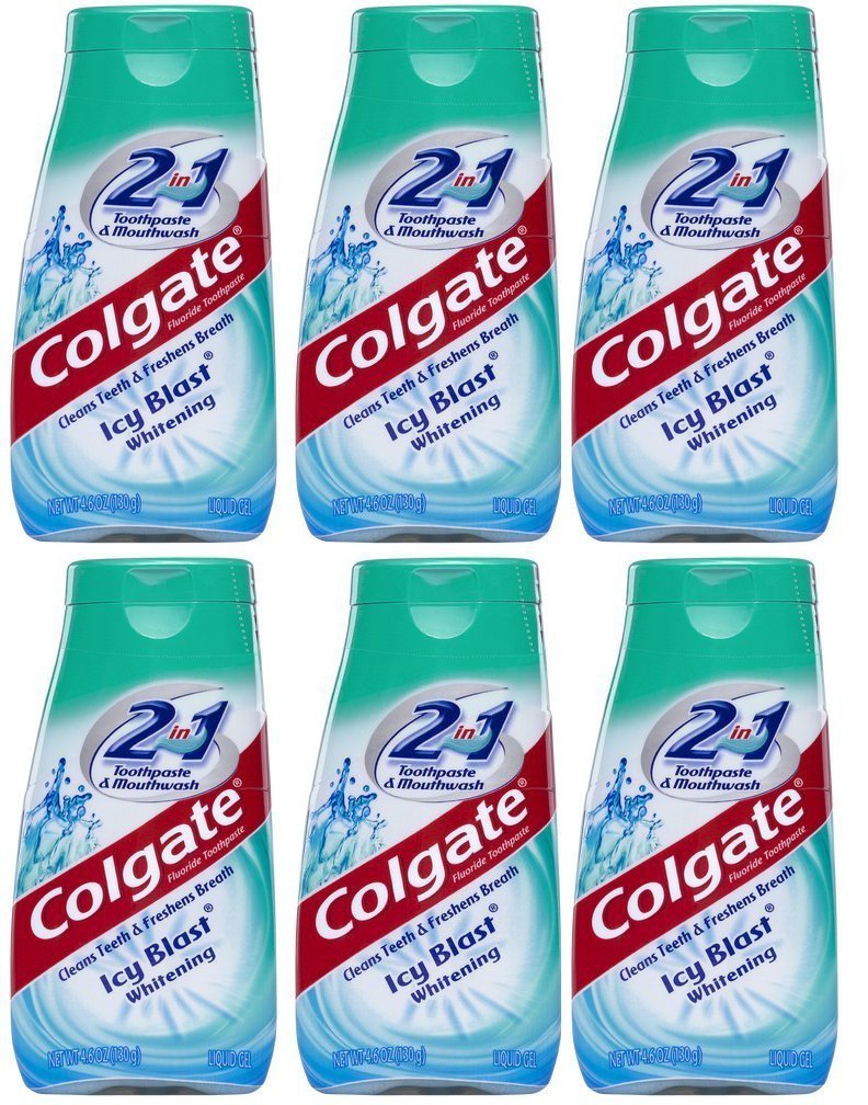 Colgate 2-in-1 toothpaste and mouthwash Icy Blast six-pack packaging (4.6 oz tubes)
