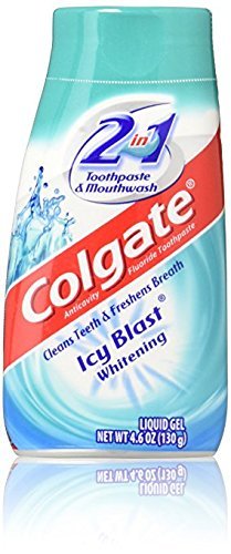 Close-up of Colgate 2-in-1 whitening toothpaste and mouthwash bottle Icy Blast