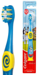 Close-up of Colgate Bluey toothbrush showing extra soft bristles and small head