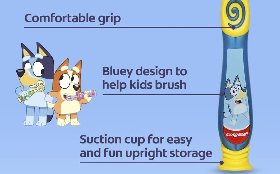 Thumb grip and rounded handle on Colgate Bluey toothbrush