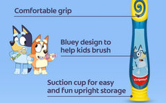 Thumb grip and rounded handle on Colgate Bluey toothbrush