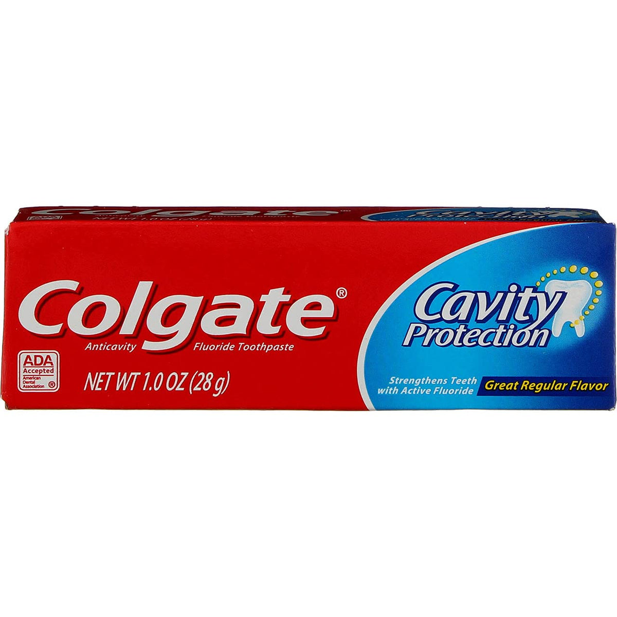 Colgate Cavity Protection Fluoride Toothpaste, regular flavor, travel-size 1 oz, pack of 8 - front view