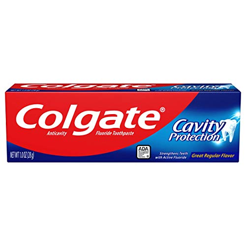 Close-up of Colgate Cavity Protection toothpaste tubes in minty regular flavor, 24-pack