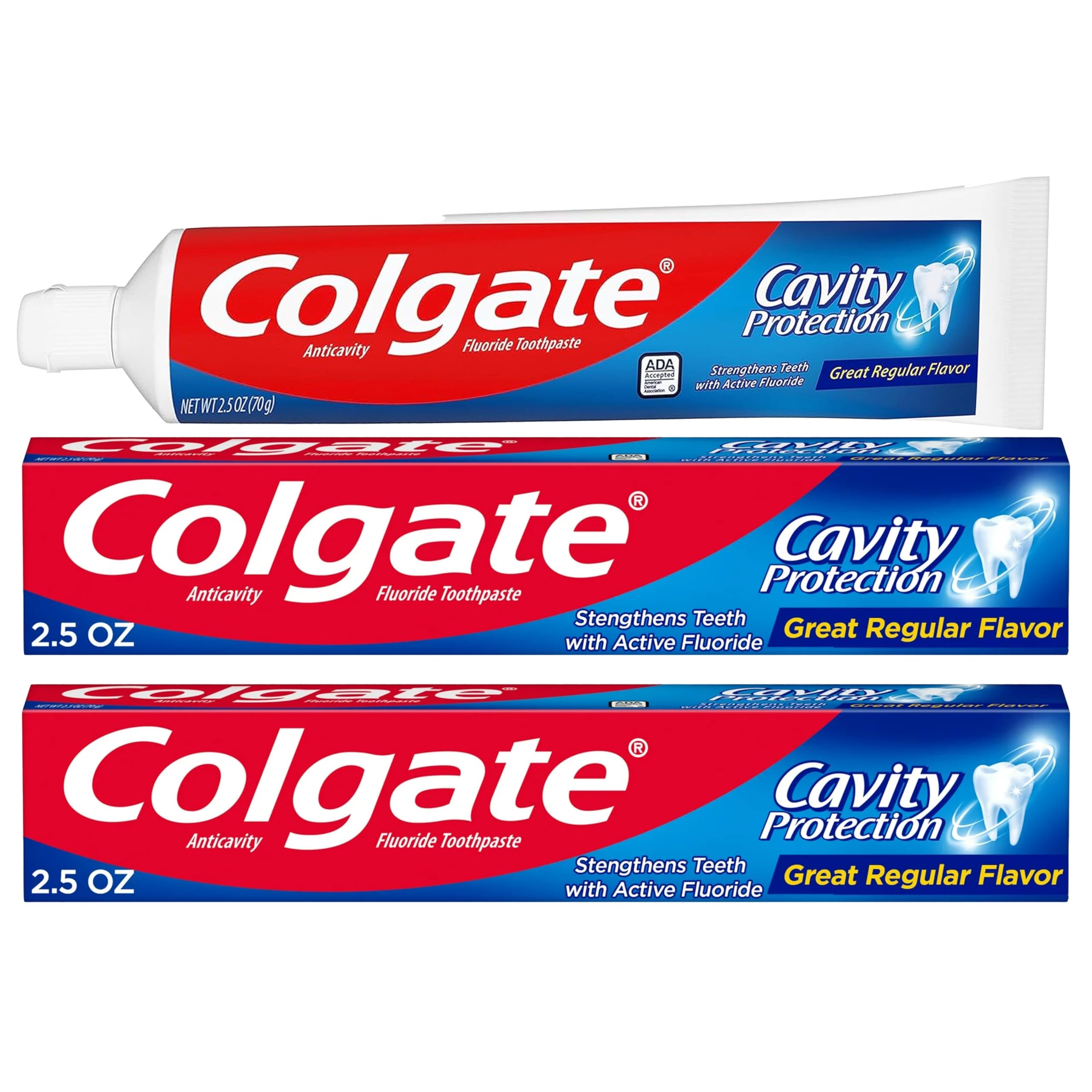 Colgate Cavity Protection toothpaste tube and box on white background