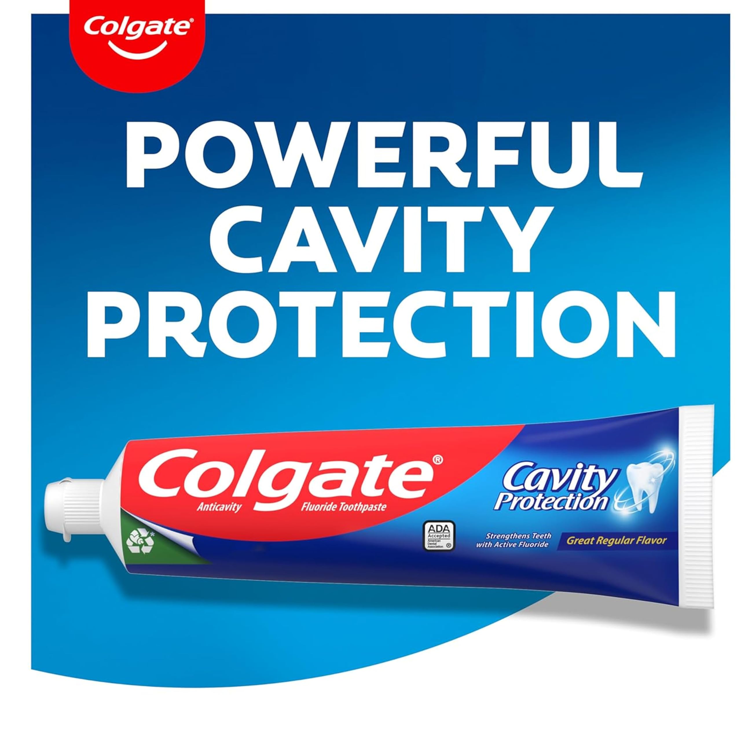 Product shot of Colgate Cavity Protection toothpaste with box and tube
