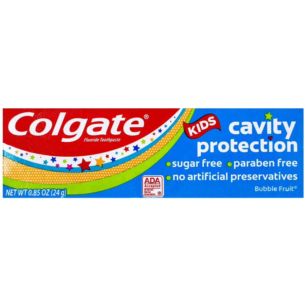 Close-up of Colgate Kids Bubble Fruit toothpaste tube showing Bubble Fruit flavor