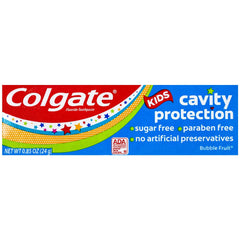 Close-up of Colgate Kids Bubble Fruit toothpaste tube showing Bubble Fruit flavor