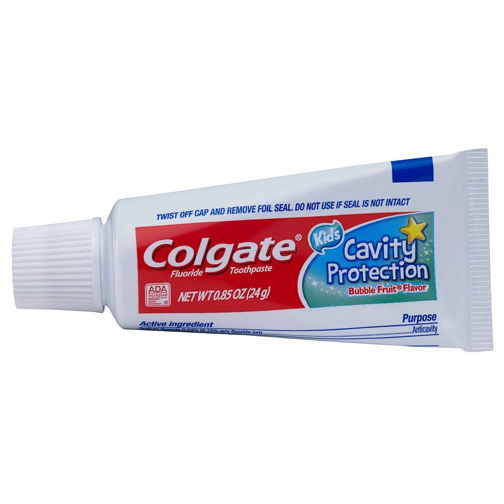 Pack of 12 travel-size Colgate Kids Bubble Fruit toothpaste tubes