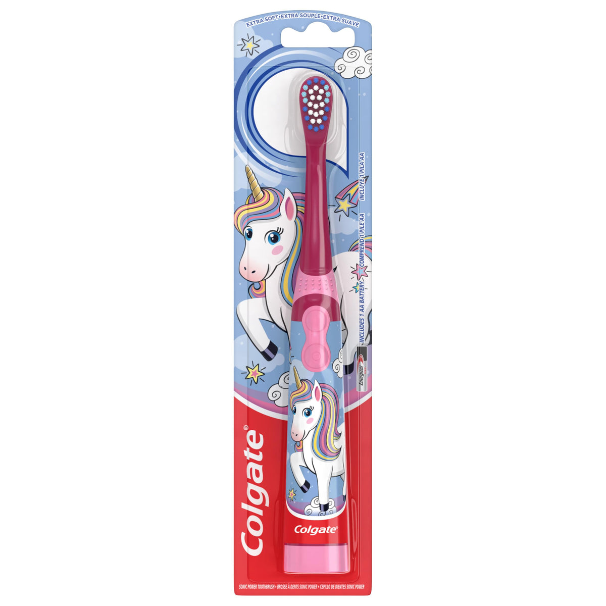 Unicorn-themed Colgate Kids Battery Toothbrush with AA battery